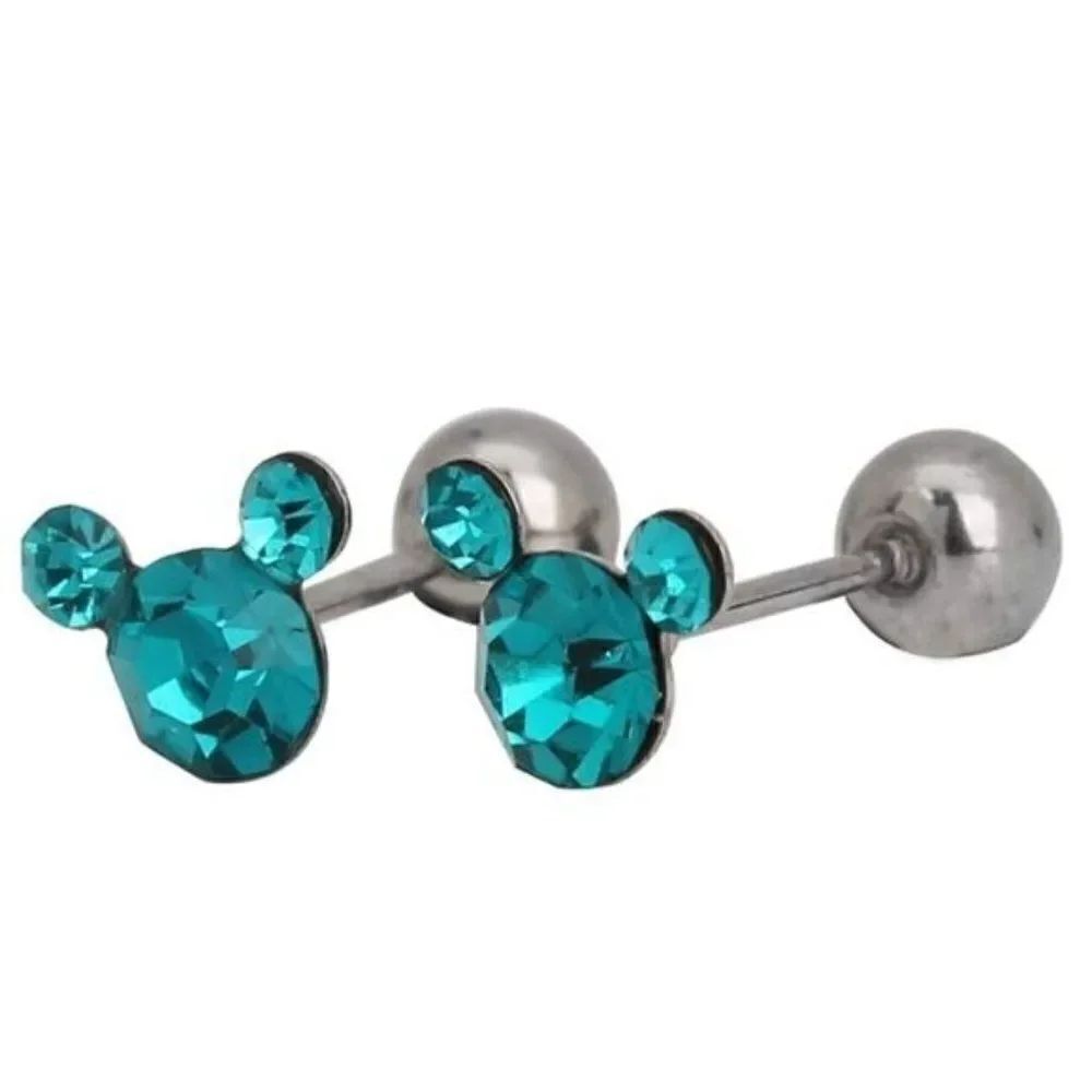 Silver 316L and Aquamarine Cubic Zirconia Mickey Mouse Screwback Post Earrings